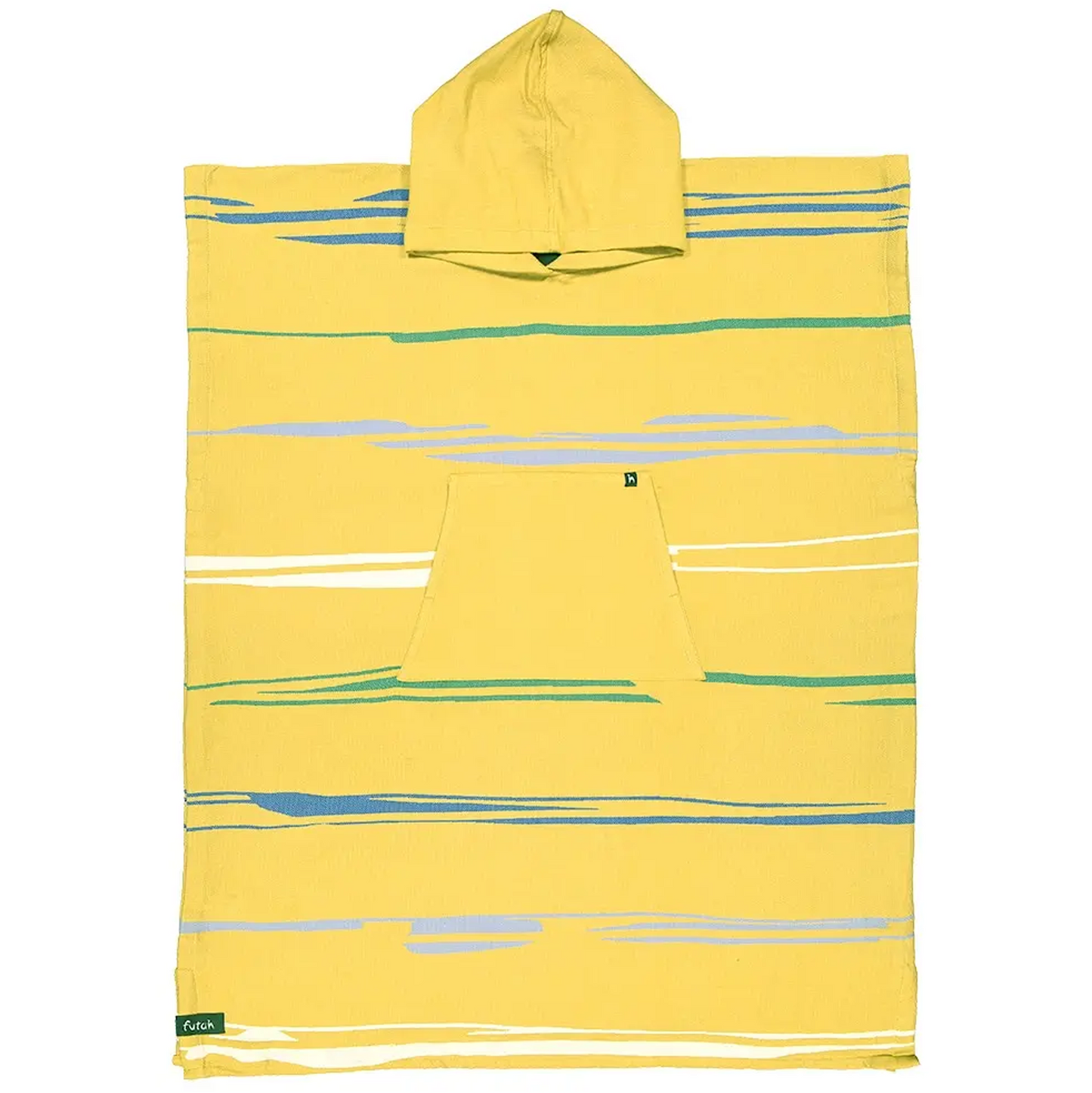 Introducing the Maure Cotton Beach Poncho by Futah—a premium Portuguese surf and beach poncho. This yellow hooded towel features blue, green, and white horizontal stripes, a convenient front pocket, and a small green tag on the lower left corner. Crafted from soft cotton for quick drying, this poncho draws inspiration from classic Portuguese surf designs and is displayed laid flat on a white background.