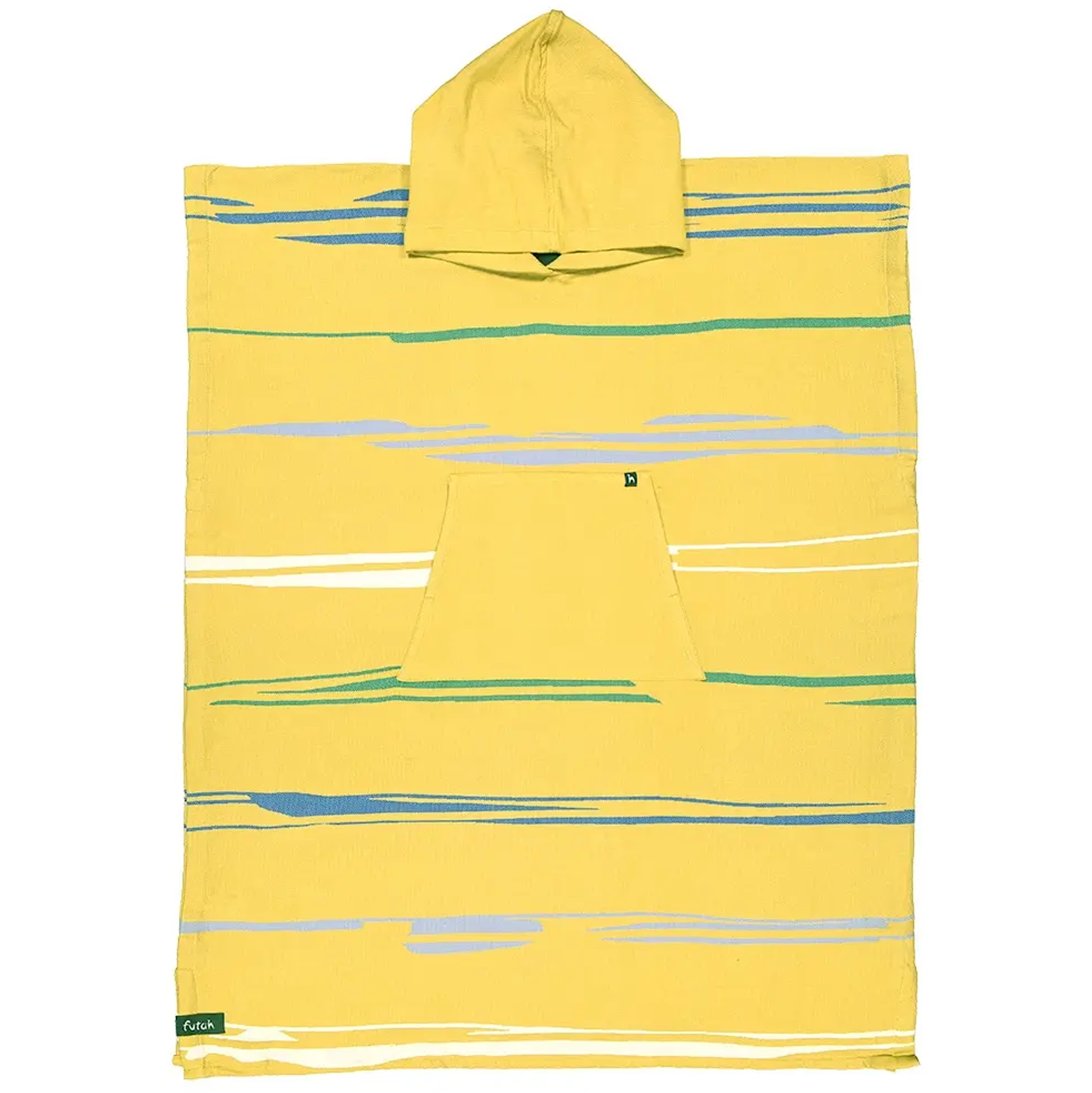 Introducing the Maure Cotton Beach Poncho by Futah—a premium Portuguese surf and beach poncho. This yellow hooded towel features blue, green, and white horizontal stripes, a convenient front pocket, and a small green tag on the lower left corner. Crafted from soft cotton for quick drying, this poncho draws inspiration from classic Portuguese surf designs and is displayed laid flat on a white background.