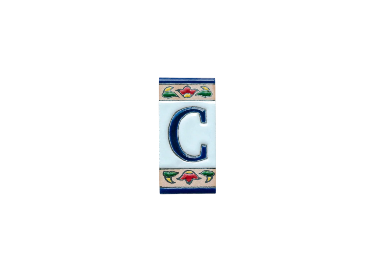 Mini Chilli Ceramic House Number & Letter Tile featuring a rectangular ceramic tile with a blue letter C, decorated with red and green floral patterns at the top and bottom.