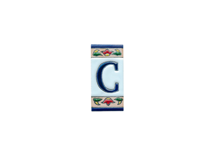Mini Chilli Ceramic House Number & Letter Tile featuring a rectangular ceramic tile with a blue letter C, decorated with red and green floral patterns at the top and bottom.