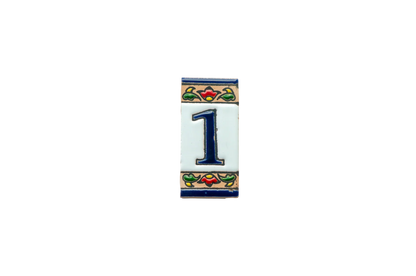 Mini Chilli Ceramic House Number & Letter Tile displaying the number one in dark blue, bordered by a floral pattern with red, green, and yellow details.