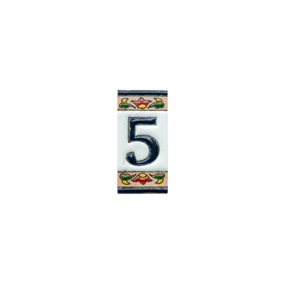 Mini Chilli Ceramic House Number & Letter Tile featuring the number five in navy blue on a rectangular ceramic background, decorated with a red, yellow, and green floral border.