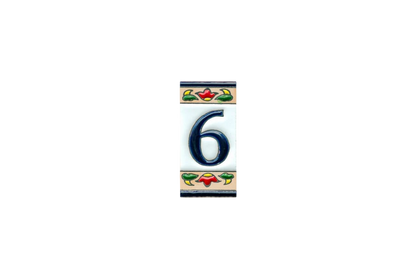 Mini Chilli Ceramic House Number & Letter Tile featuring a rectangular ceramic tile with the number six in black, accented with hand-painted chilli pepper motifs on the top and bottom edges.