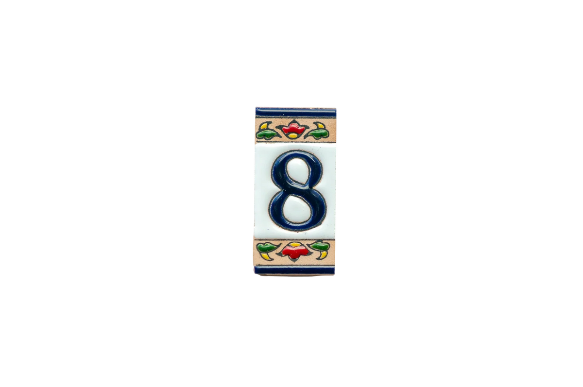 Mini Chilli Ceramic House Number & Letter Tile featuring the number eight in dark blue, decorated with red, green, and gold chili pepper motifs at the top and bottom.