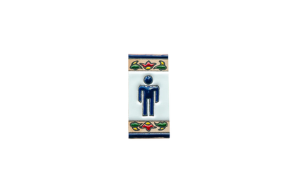 Mini Chilli Ceramic House Number & Letter Tile: a rectangular handcrafted Spanish tile featuring a blue male restroom icon with colorful floral borders at the top and bottom.