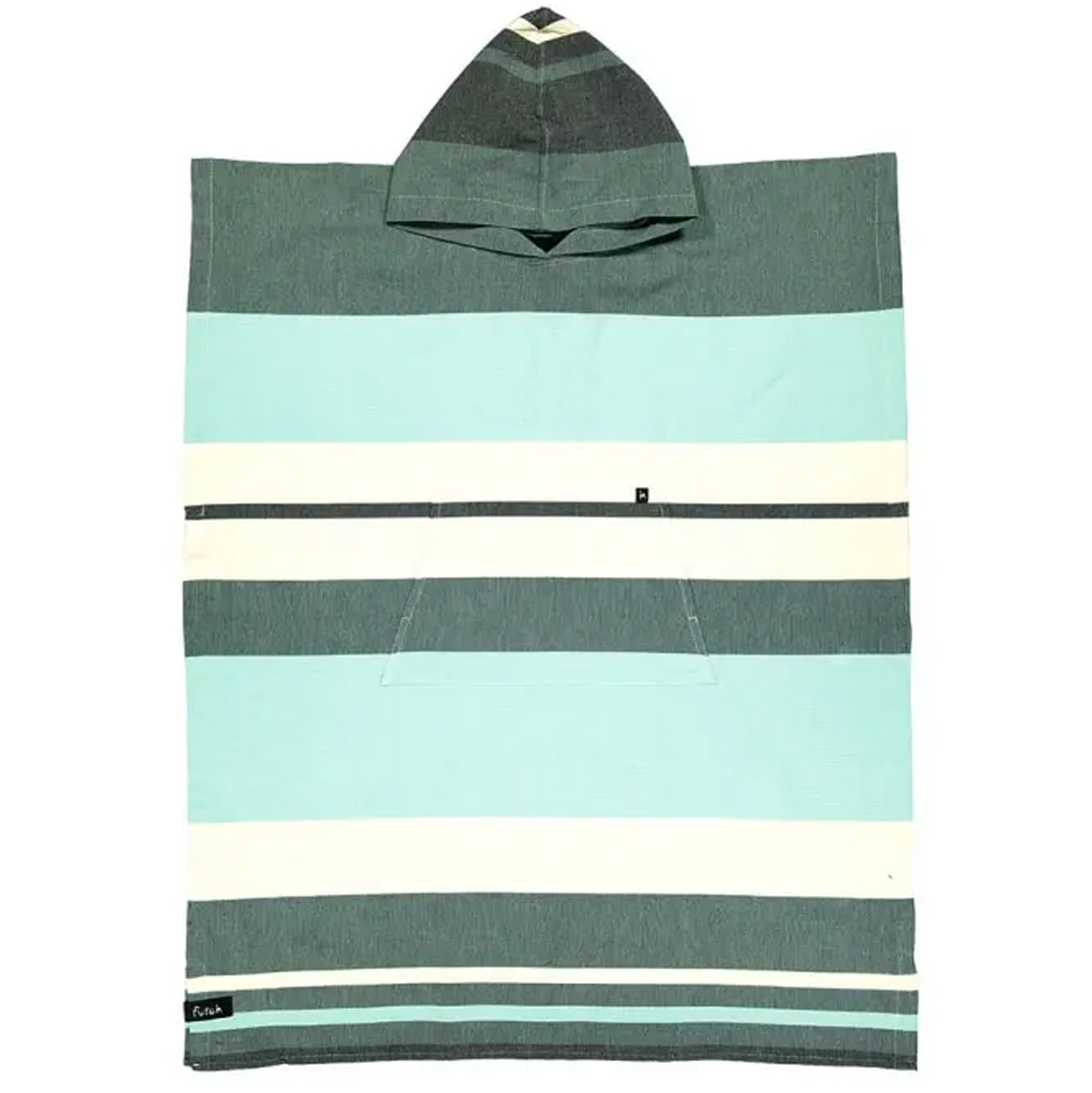 Introducing the Futah Papua Adult Beach Poncho – a premium Portuguese cotton surf poncho designed with horizontal stripes in teal, light blue, cream, and dark gray. This stylish hooded poncho features a pointed hood and convenient front pocket, offering exceptional comfort and style after every swim or surf session.