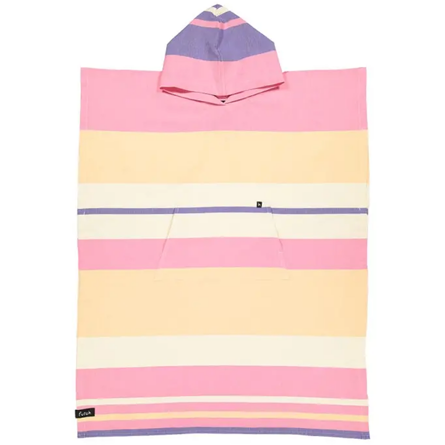 Introducing the Futah Papua Adult Beach Poncho – a premium surf poncho made from soft Portuguese cotton, adorned with horizontal pastel stripes in pink, yellow, white, and purple. Designed for adults, it features a hood, a convenient front pocket, and is finished with a small black label at the bottom left corner.
