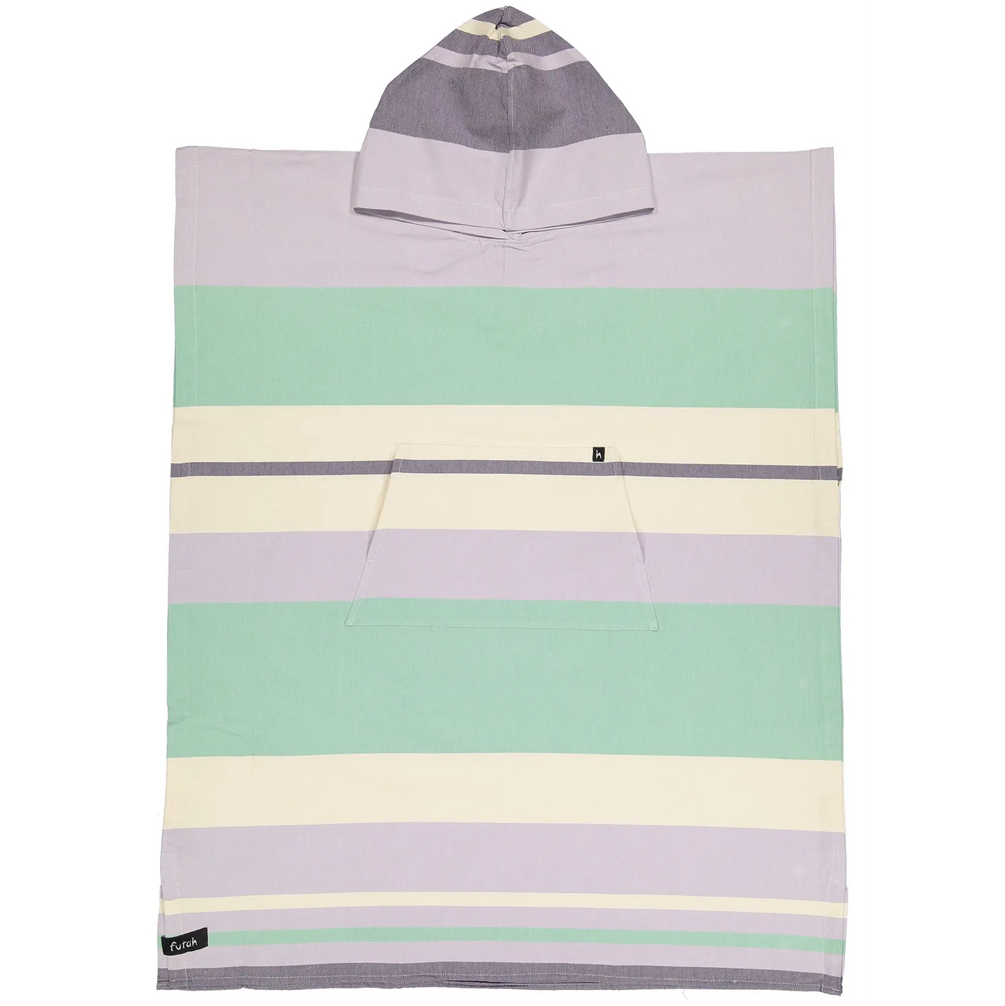 Introducing the Papua Adult Beach Poncho by Futah—a premium Portuguese cotton surf poncho featuring a hood and horizontal pastel stripes in mint green, lavender, cream, and gray. Designed with a convenient front pocket and finished with a subtle logo tag at the bottom corner, this stylish beach poncho is crafted for ultimate comfort on your seaside adventures.