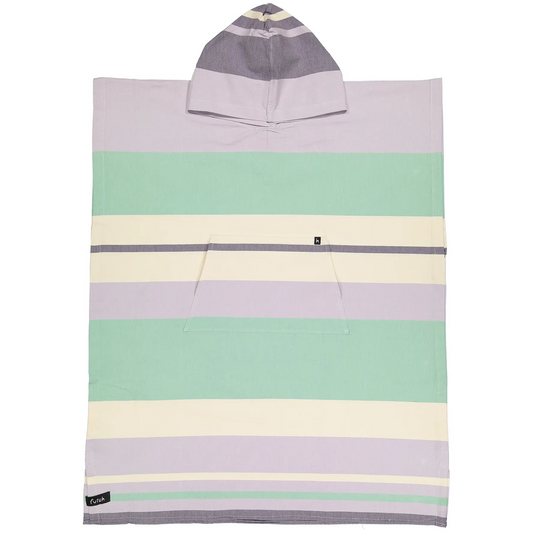 Introducing the Papua Adult Beach Poncho by Futah—a premium Portuguese cotton surf poncho featuring a hood and horizontal pastel stripes in mint green, lavender, cream, and gray. Designed with a convenient front pocket and finished with a subtle logo tag at the bottom corner, this stylish beach poncho is crafted for ultimate comfort on your seaside adventures.