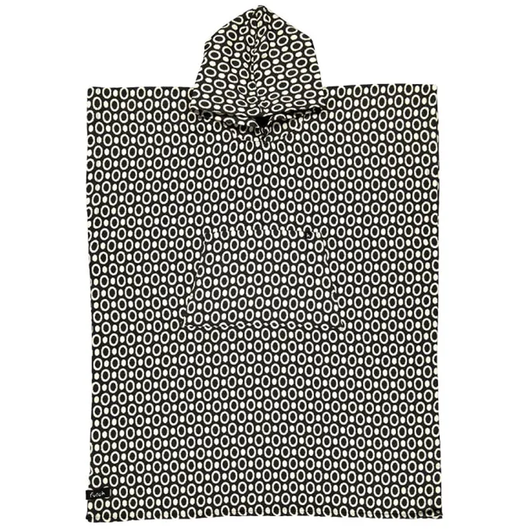 The Pulse Cotton Beach Poncho by Futah is a premium Portuguese surf and beach poncho crafted from cotton, featuring a black and white oval geometric pattern. Its rectangular shape, centered hood, and practical front pocket make it both stylish and functional for seaside adventures.