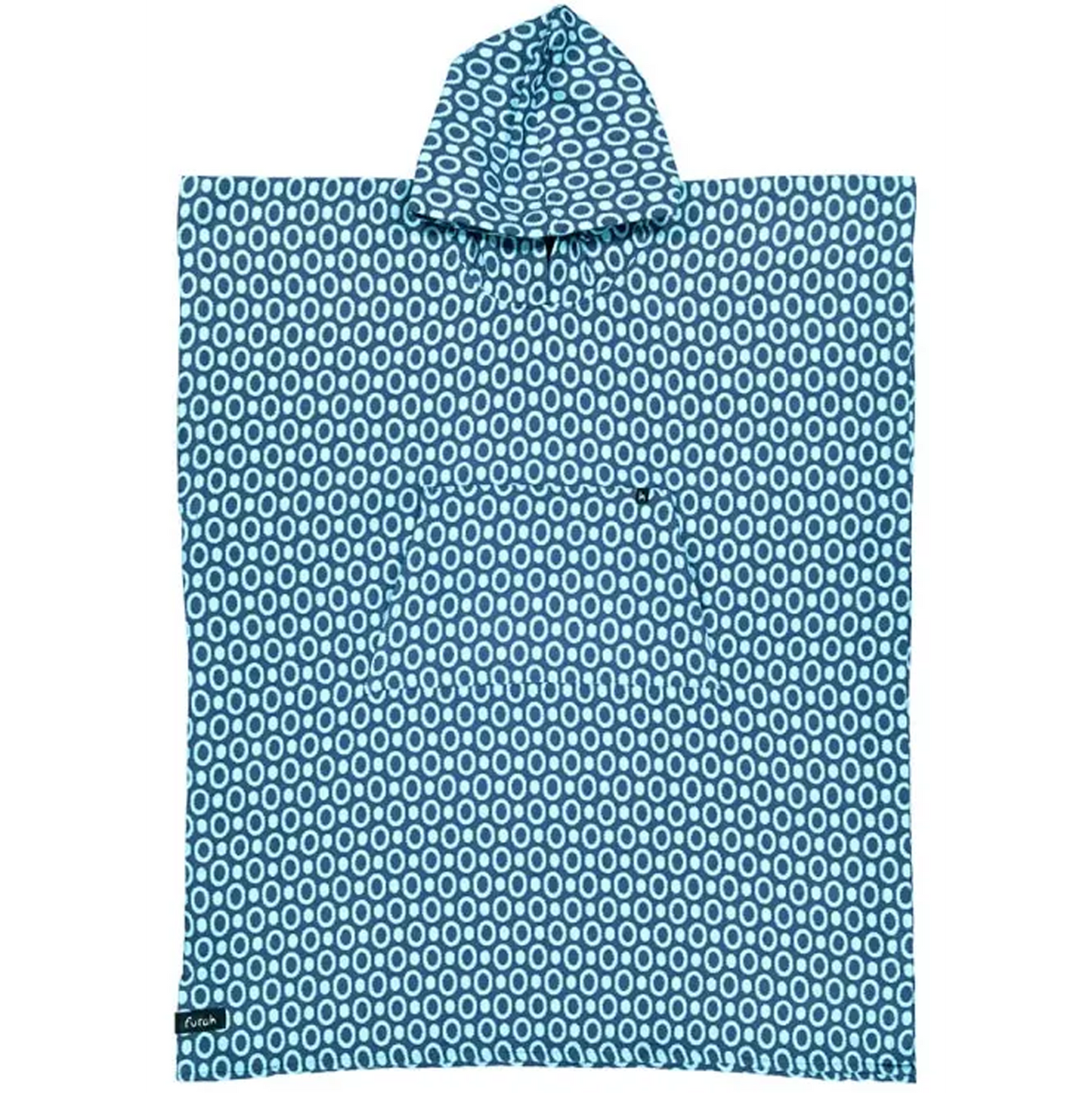 The Pulse Cotton Beach Poncho by Futah is a premium Portuguese surf and beach poncho, featuring a blue and white circular pattern. This rectangular, quick-drying poncho includes a convenient front pocket and is photographed laid flat against a white background.