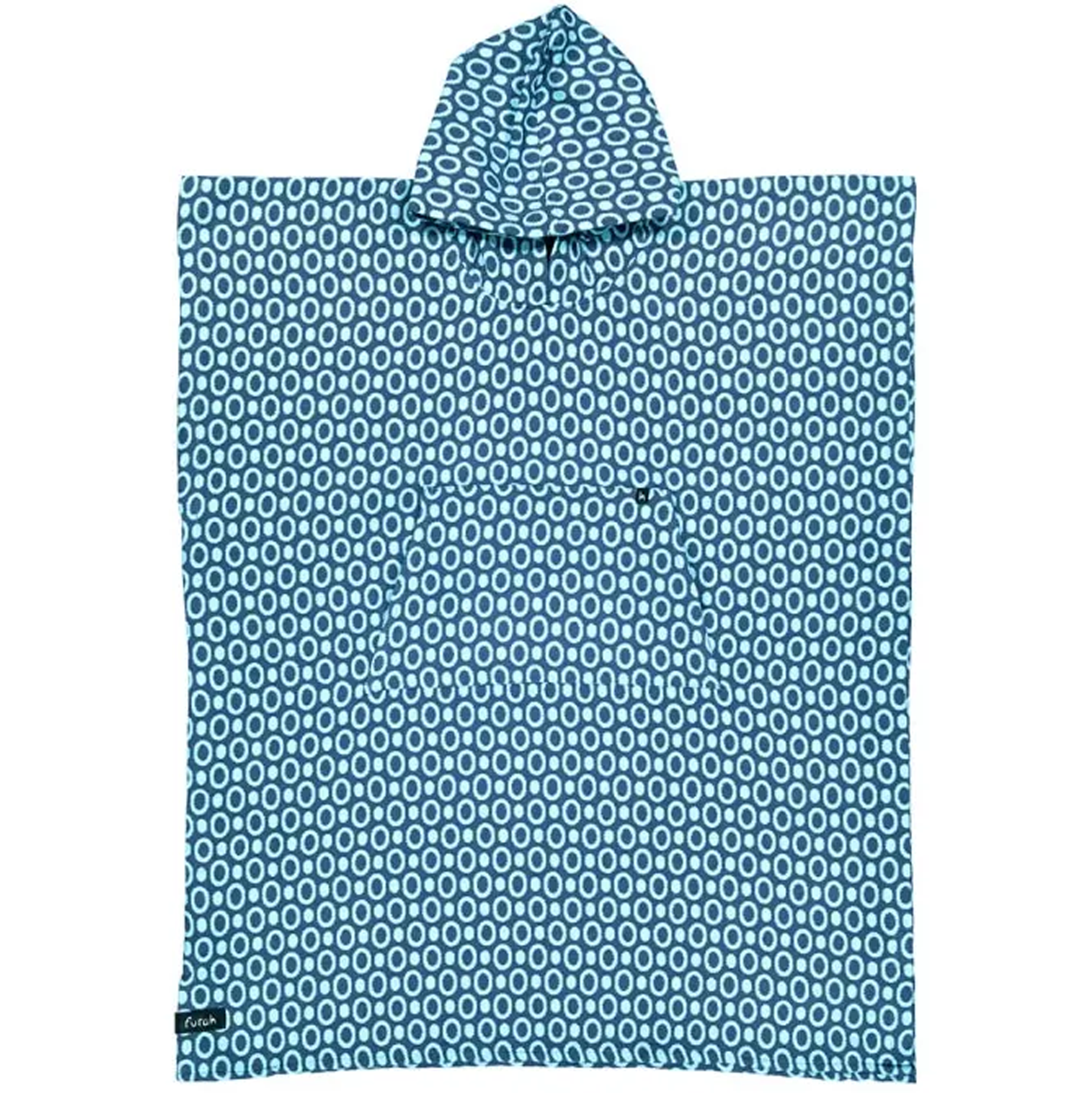 The Pulse Cotton Beach Poncho by Futah is a premium Portuguese surf and beach poncho, featuring a blue and white circular pattern. This rectangular, quick-drying poncho includes a convenient front pocket and is photographed laid flat against a white background.