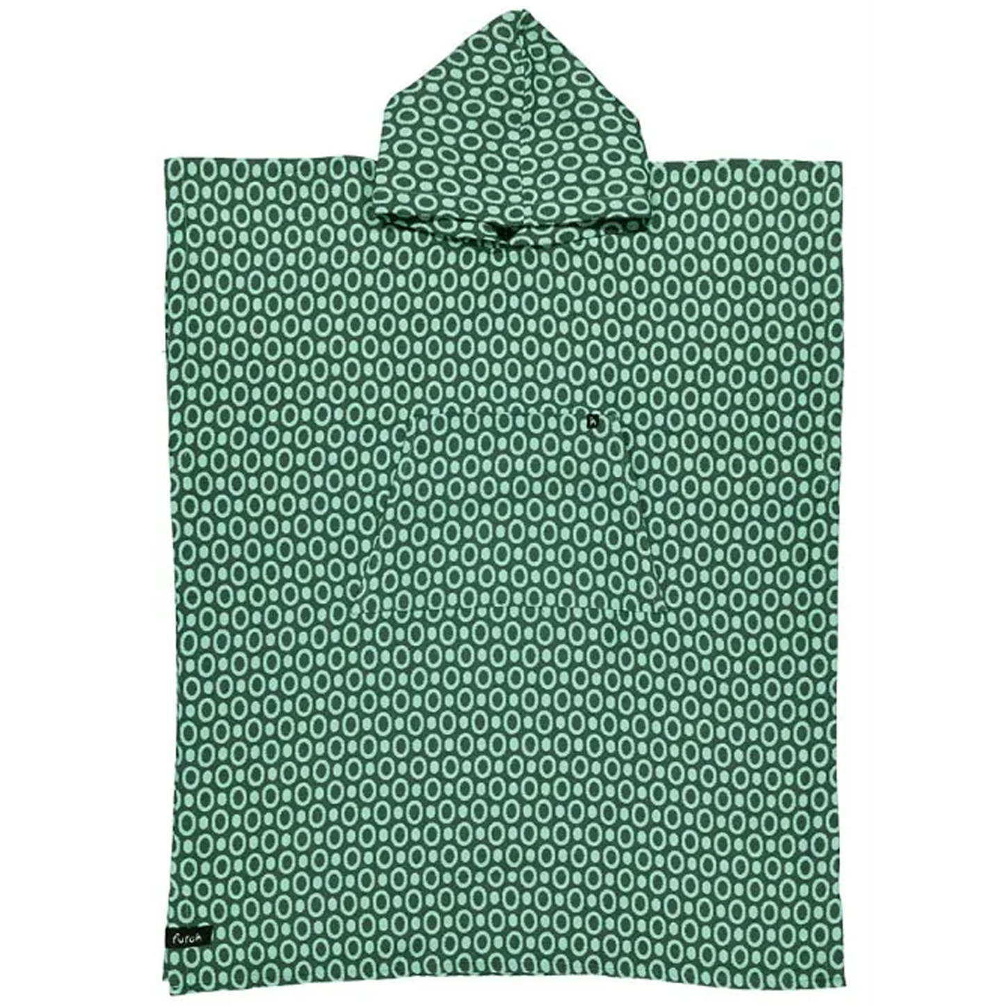 The Futah Pulse Cotton Beach Poncho – Premium Portuguese Surf & Beach Poncho, featuring a green hood, white oval pattern, cotton fabric, and a front pocket, is laid flat on a white background.