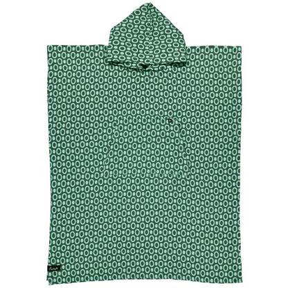 The Futah Pulse Cotton Beach Poncho – Premium Portuguese Surf & Beach Poncho, featuring a green hood, white oval pattern, cotton fabric, and a front pocket, is laid flat on a white background.