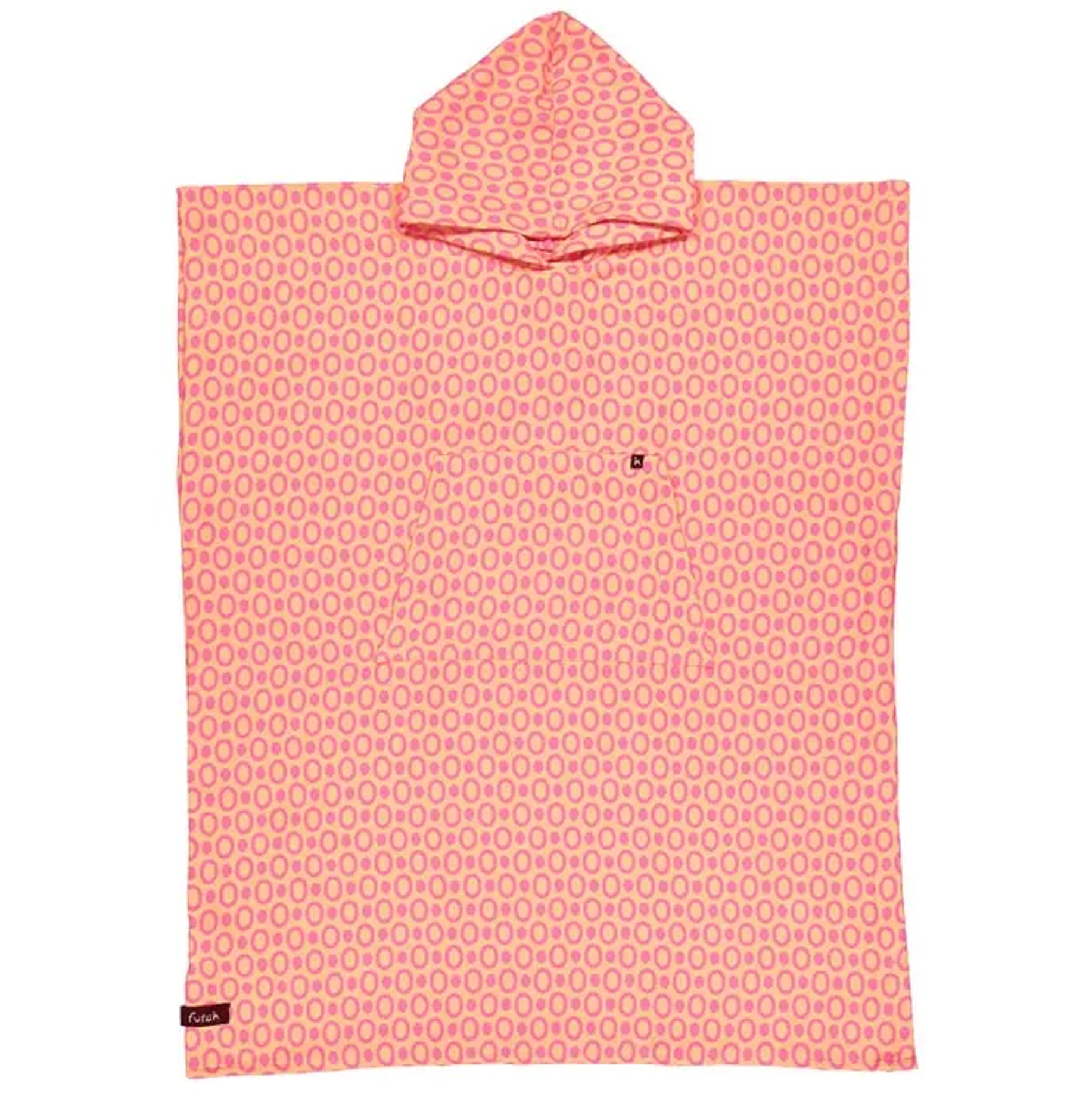 Introducing the Pulse Cotton Beach Poncho by Futah—a premium Portuguese surf and beach poncho crafted from cotton, featuring a vibrant pink and yellow geometric pattern. Designed for quick drying, this hooded poncho showcases a convenient front pocket and a small brown logo tag near the bottom corner, making it ideal for seaside adventures and evoking classic Portuguese surf poncho style.