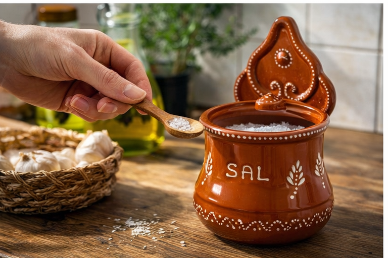 A hand scoops salt with a wooden spoon from the Soceramica Painted Portuguese Clay Salt Cellar No.0 on a kitchen counter, alongside garlic bulbs and a bottle of olive oil.