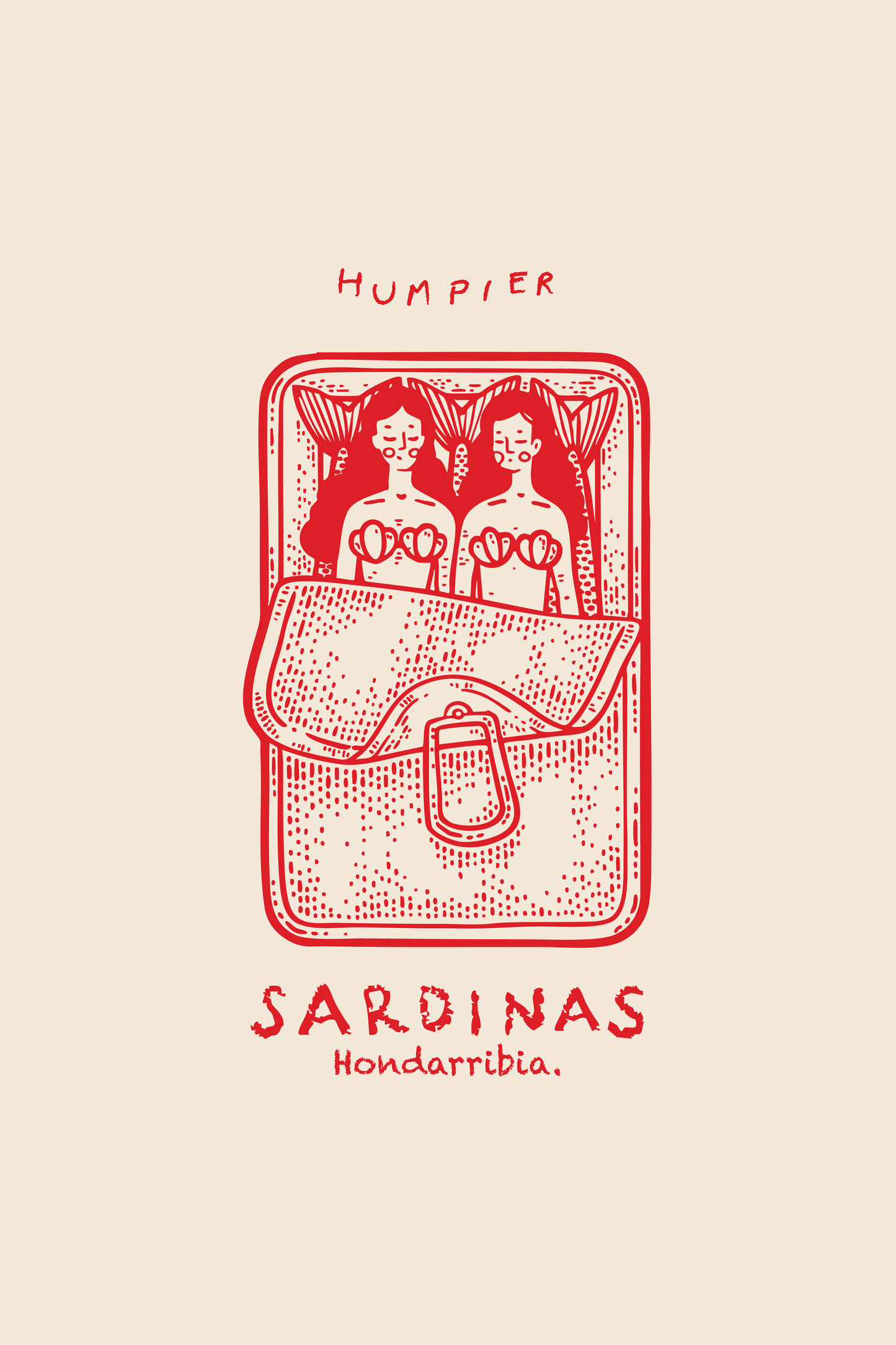 A red-line drawing of two women in swimsuits inside a sardine tin, with "Humpier Sardinas Hondarribia" text, adds Mediterranean flair to the Humpier Sardines T-Shirt made from organic cotton.
