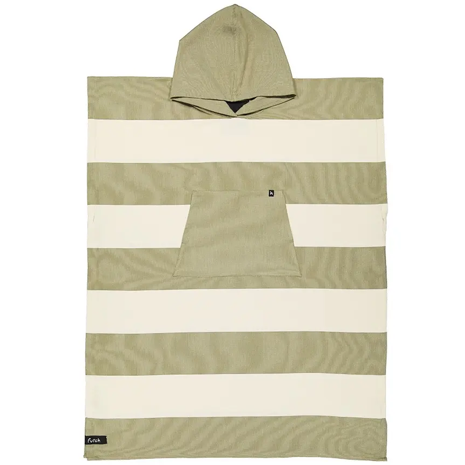 A Futah Set Cotton Beach Poncho – Premium Portuguese Surf & Beach Poncho, featuring wide horizontal beige and cream stripes, a hood, and a front pocket, is laid flat on a white background.