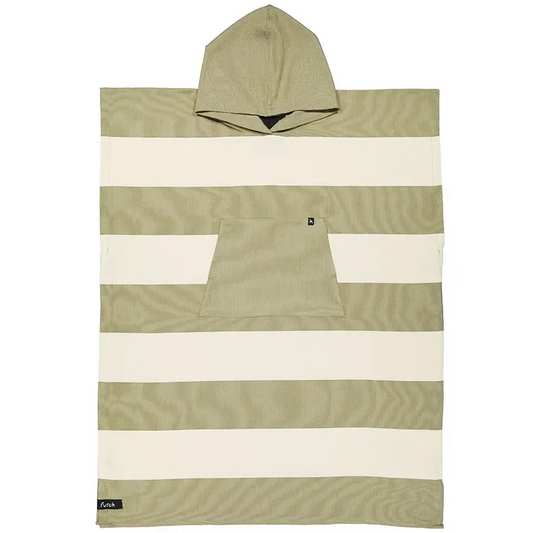 A Futah Set Cotton Beach Poncho – Premium Portuguese Surf & Beach Poncho, featuring wide horizontal beige and cream stripes, a hood, and a front pocket, is laid flat on a white background.