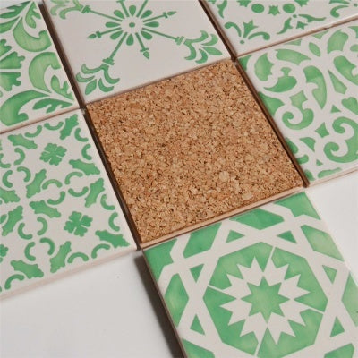Coasters Set - Hand painted Green aqua tiles, Set A
