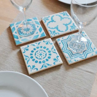 Coasters Set in portuguese tiles hand painted, turquoise, Set A