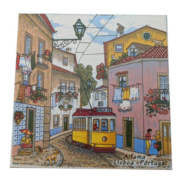 Ceramic Tile Trivet Portugal Street Scene 15x15cm_Alfama_Parasol_whitebg_Reber_Iberica