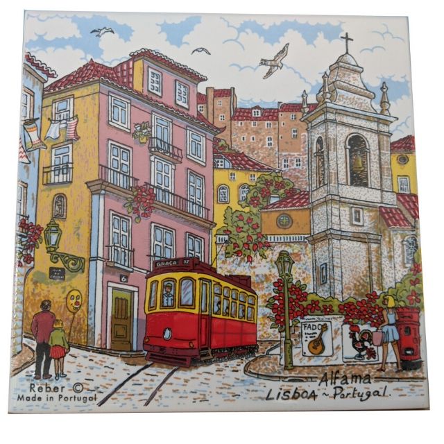 Ceramic Tile Trivet Portugal Street Scene 15x15cm_Alfama_Red Tram_whitebg_Reber_Iberica