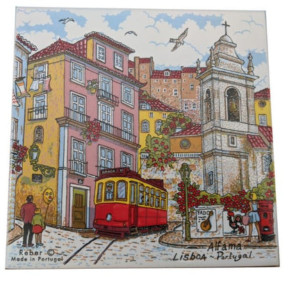 Ceramic Tile Trivet Portugal Street Scene 15x15cm_Alfama_Red Tram_whitebg_Reber_Iberica