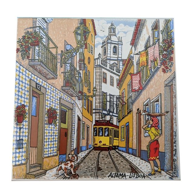 Ceramic Tile Trivet Portugal Street Scene 15x15cm_Alfama_Tram28_whitebg_Reber_Iberica