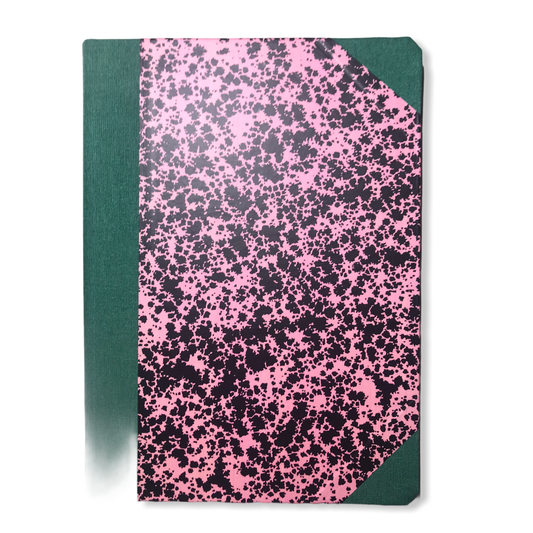 hand made notebook with splattered black and pink cover